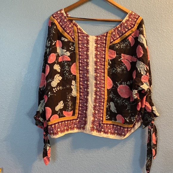 Free People Boho Freshly Squeezed Citrus Tie Sleeve Button‎ Top Womens Size XS - Picture 4 of 5